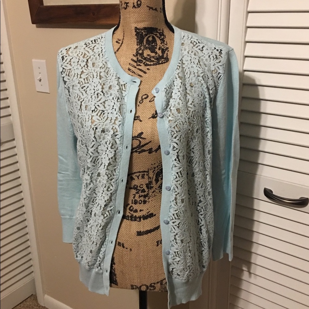 LOFT Blue Lace Overlay Cardigan Sweater